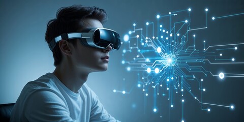 Poster - Young individual engages with virtual reality technology in a modern environment, exploring digital landscapes and innovative experiences