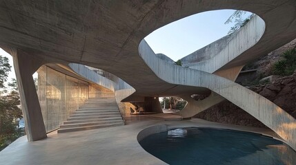 Poster - Modern concrete home, fluid design with unique curves, stairs and pool integrated with the landscape