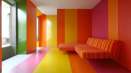 Poster - Colorful, striped interior with floating sofa. Walls in green, orange, red, and pink. Bright, modern design