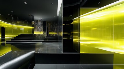 Poster - Modern interior with black and yellow color scheme. Staircase and reflections. Geometric design