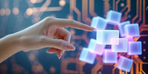 Fototapete - Futuristic hand interacts with glowing cubes in a digital environment showcasing advanced technology