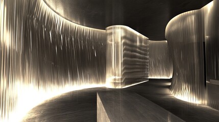 Poster - Futuristic interior with glowing lights and curved walls. A corridor with a unique design