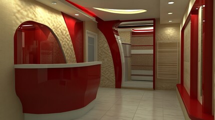 Poster - Stylish red and beige reception area with modern design, curves and lighting