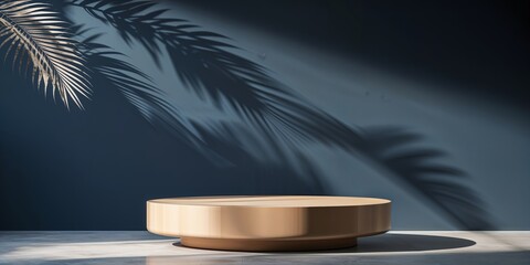 Poster - Elegant wooden display stand with palm shadows creating a serene atmosphere in a modern interior setting