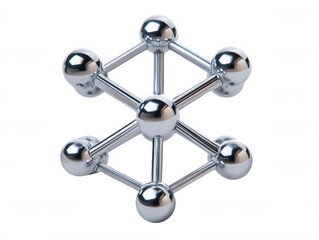 Poster - The reflective geometric structure of chrome spheres connected by rods forms a symmetrical lattice against a plain white background in a conceptual design element.