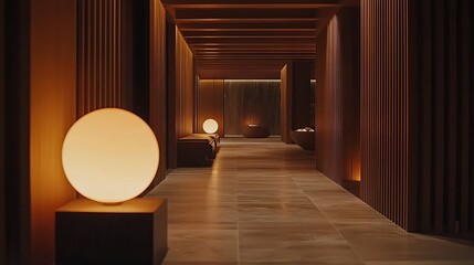 Poster - A warm, wooden hallway with soft lighting, benches, and sphere lamps. A relaxing interior space