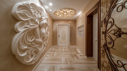 Poster - Ornate hallway featuring sculpted wall decor, warm lighting, and a decorative ceiling