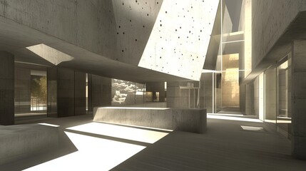 Poster - Interior view of a modern concrete building, showcasing natural light and geometric design