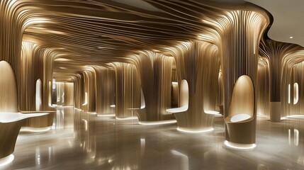 Poster - Modern interior with flowing wooden structures, creating a futuristic and organic space. Curved lines, ambient lighting