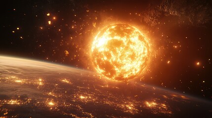 Poster - Glowing Earth from space enhanced with light flares and cosmic swirls, open space around for copy placement