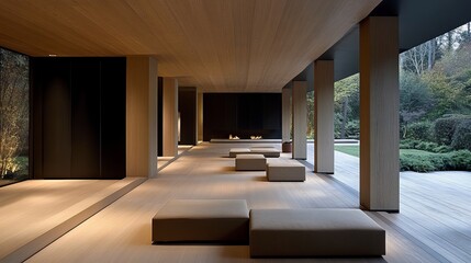 Poster - Modern interior of a long room with light wood floors, pillars, and low seating. Window reveals outdoor foliage