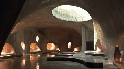 Poster - Modern interior with curved concrete walls, multiple openings, and a central circular skylight. Warm lighting enhances ambiance