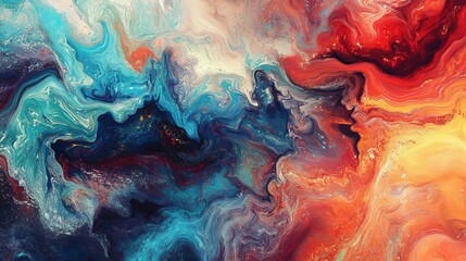 Poster - Abstract painting of swirling colors, showcasing a mix of blue, red, orange, and yellow hues. Fluid and dynamic composition