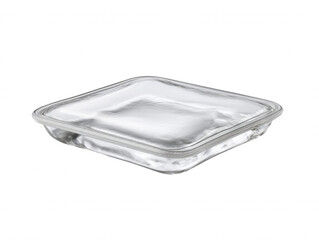 Poster - Square glass container with rounded corners and subtle texture rests on a white surface, illuminated to highlight its clarity and simple, elegant design.