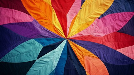 Poster - Vibrant textile design with multicolored leaf-like shapes radiating from a central point, showcasing a spectrum of colors