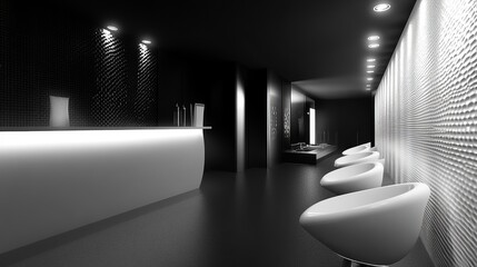Poster - Modern interior in grayscale featuring a sleek bar area, curved chairs, and textured walls