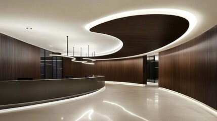 Poster - Modern office reception area with curved walls, ceiling, and lighting, featuring wood paneling