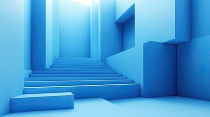 Poster - A minimalist blue staircase leading upwards in an abstract architectural space with bright light above