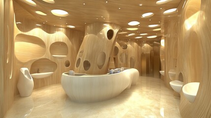 Poster - Wooden, modern bathroom with organic shapes, curved walls, and unique design