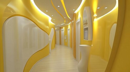 Poster - Modern, bright hallway design with a curving yellow ceiling and white accents. Features doors, artwork, and a stylish aesthetic