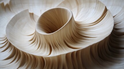 Poster - Abstract wood sculpture, mimicking a floral form with flowing, textured surfaces and an inner cylindrical void