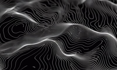 Fototapete - A digital art composition featuring an abstract, dark background with swirling lines and patterns reminiscent of topographic maps. The pattern is composed entirely of white lines on black, 
