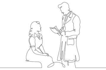 Poster - Continuous one line drawing doctor with a patient. The attending physician shows the sick patient documents. The doctor is a man and a woman.One continuous line isolated minimal illustration.Not AI.