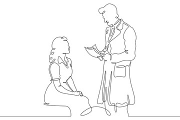 Poster - Continuous one line drawing doctor with a patient. The attending physician shows the sick patient documents. The doctor is a man and a woman.One continuous line isolated minimal illustration.Not AI.