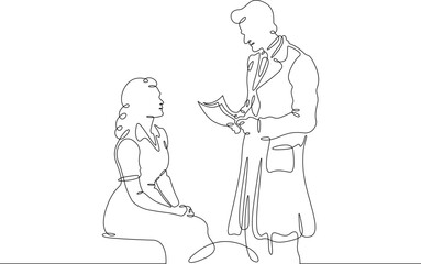 Poster - Continuous one line drawing doctor with a patient. The attending physician shows the sick patient documents. The doctor is a man and a woman.One continuous line isolated minimal illustration.Not AI.