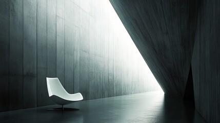 Poster - Modern white chair in a concrete hallway, bathed in light. Shadows create stark contrast