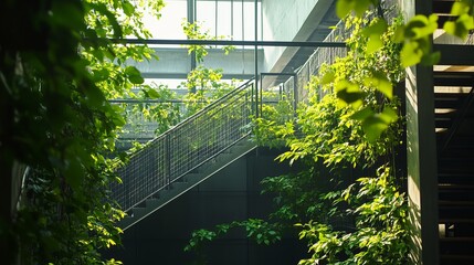 Poster - Architectural stairs with greenery flourishing, sunlight, and modern design elements