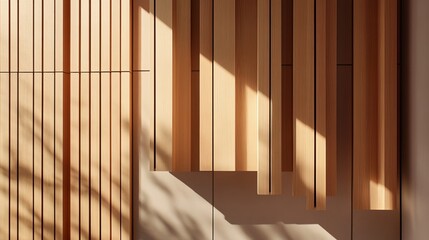 Poster - Wooden slats in sunlight, creating shadows on stairs and wall. Vertical lines and textures dominate