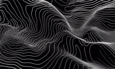 Fototapete - A digital art composition featuring an abstract, dark background with swirling lines and patterns reminiscent of topographic maps. The pattern is composed entirely of white lines on black, 