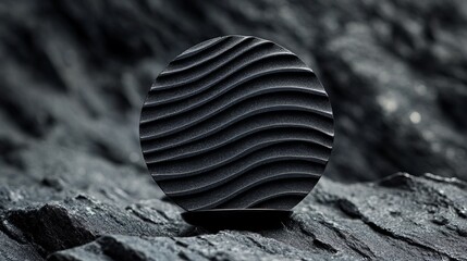 Poster - Black circular textured design with wave pattern, resting on a rocky surface