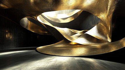 Poster - Abstract interior with gold-like flowing form. Dark, modern space with a dramatic light