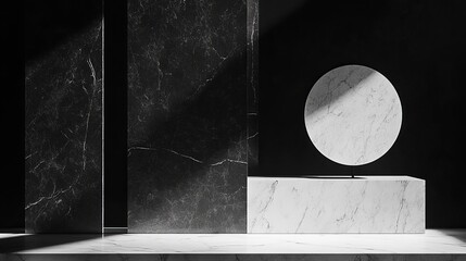 Poster - Abstract black & white marble composition with light and shadows, geometric shapes in studio
