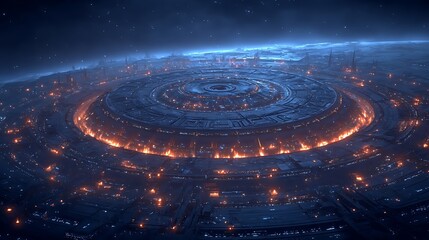 Wall Mural - futuristic city on a planet with a large circular structure and illuminated lights in space