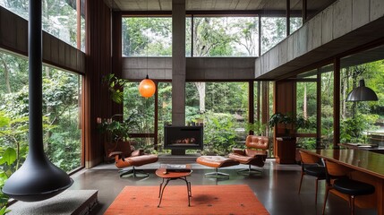 Poster - Modern living room with floor-to-ceiling windows, fireplace, and mid-century modern furniture overlooking a lush forest