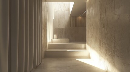 Poster - Interior staircase bathed in sunlight, minimal design. Soft tones, marble steps, curtain detail