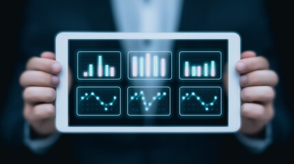 Poster - Digital Insights: A person holds a tablet, the screen displaying insightful data visualization with data, charts, and graphs that represent market research.