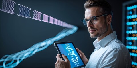 Poster - Innovative man using tablet to explore cryptocurrency trends with visual data representations in a modern office environment