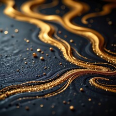 Poster - Abstract black and gold flowing liquid design with shimme glitter and swirling fluid patterns on a dark textured surface for luxury and elegance themes