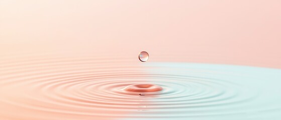Poster - Clear liquid droplet suspended above calm surface, concentric rings expanding outward, soft peach and teal background, minimalist design, clean visual.