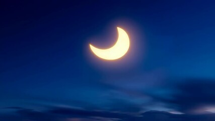 Wall Mural - Crescent Moon Phase Glows in Deep Blue Night Sky with Whisps of Clouds Below
