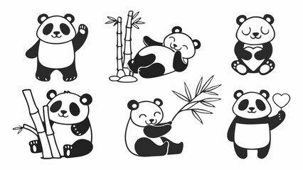 Poster - Collection of adorable panda bear illustrations in various poses and with bamboo and heart elements created with generated ai