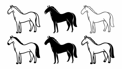 Poster - Illustration of six horses in black and white with simple outlines and solid fill designs standing still created with generated ai