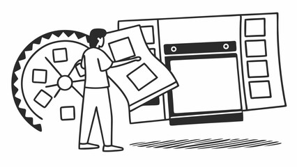 Poster - Person holding a design sheet next to a large screen and a wheel with square windows on the side created with generated ai