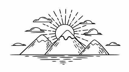 Poster - Illustration of mountain peaks under a radiant sun with clouds and water reflections in line art style created with generated ai