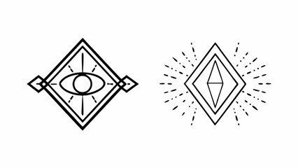 Poster - Two diamond shaped designs one with an eye and the other with radiating lines in black and white style created with generated ai
