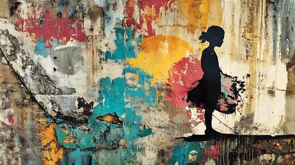 Poster - Girl silhouette against vibrant decaying wall with dramatic contrast for urban storytelling visual depth emotional atmosphere and expressive street photography concept.